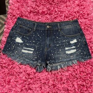 Vocal Dark Blue Distressed Jean Shorts